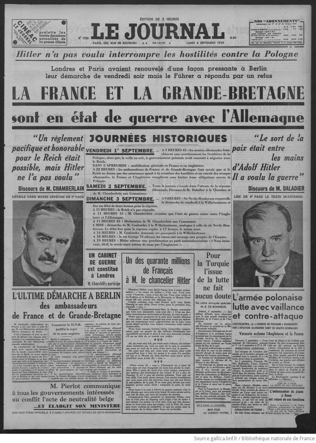 3 sept. 1939 - Déclaration de guerre de la France contre l'Allemagne