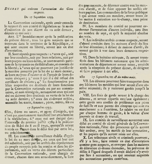 17 sept. 1793 - Loi des suspects