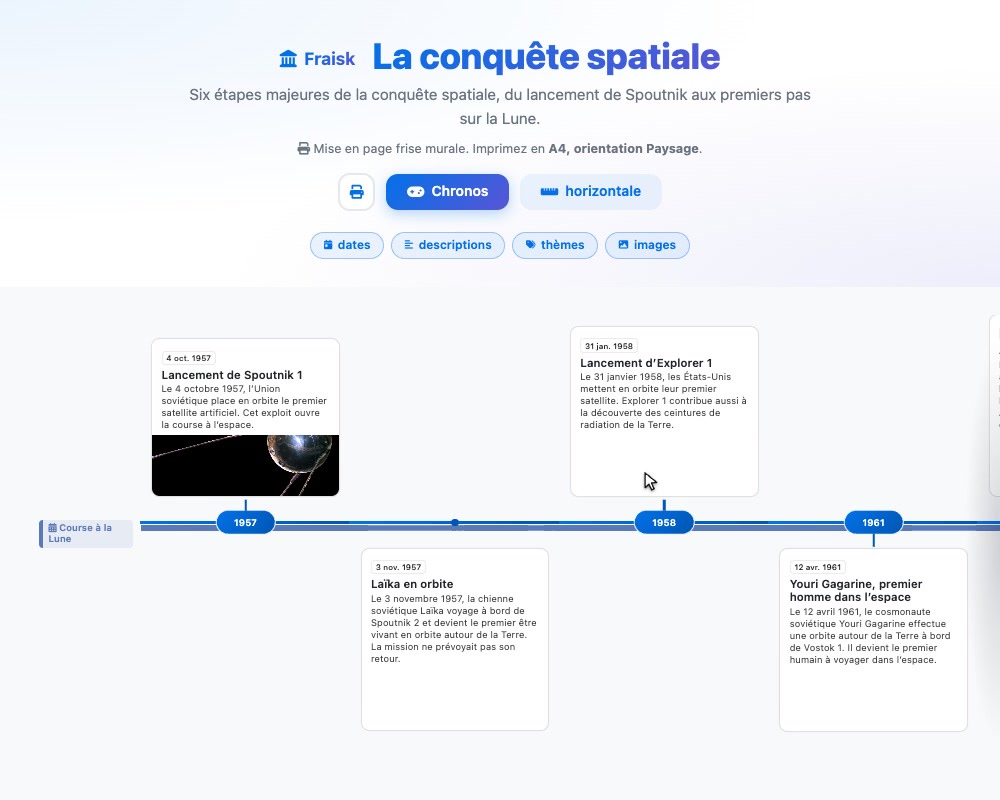 La frise « La conquête spatiale » publiée, avec sa période et ses cartes datées et illustrées