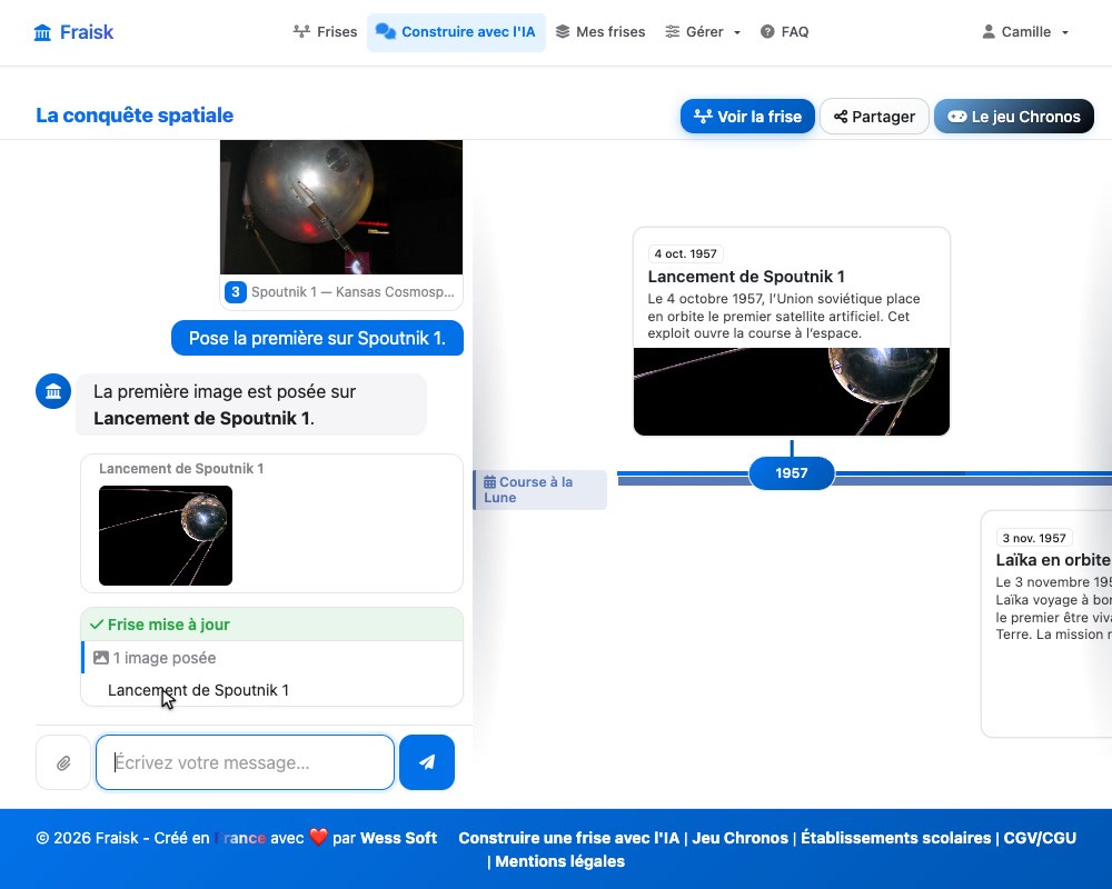 La conversation : une image Wikipédia choisie et posée sur Spoutnik 1, le relevé des actions, et la frise mise à jour à côté