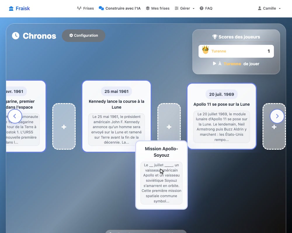 La ligne du temps de Chronos : des événements placés avec leurs dates, et une carte glissée vers sa place